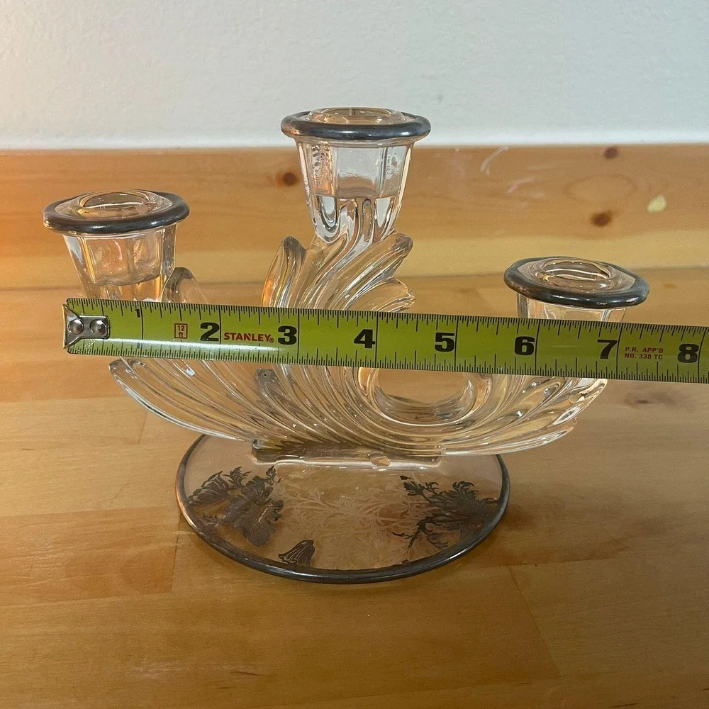 VTG Glass Candelabra Silver Tone Base Floral Etching 3‎ Arm Candlestick Holder